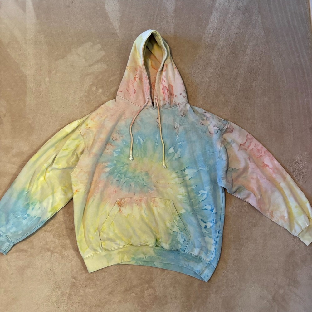 EXIST Tie Dye Hoodie Women's Large – Pastel Rainbow Spiral – Pullover Sweatshirt